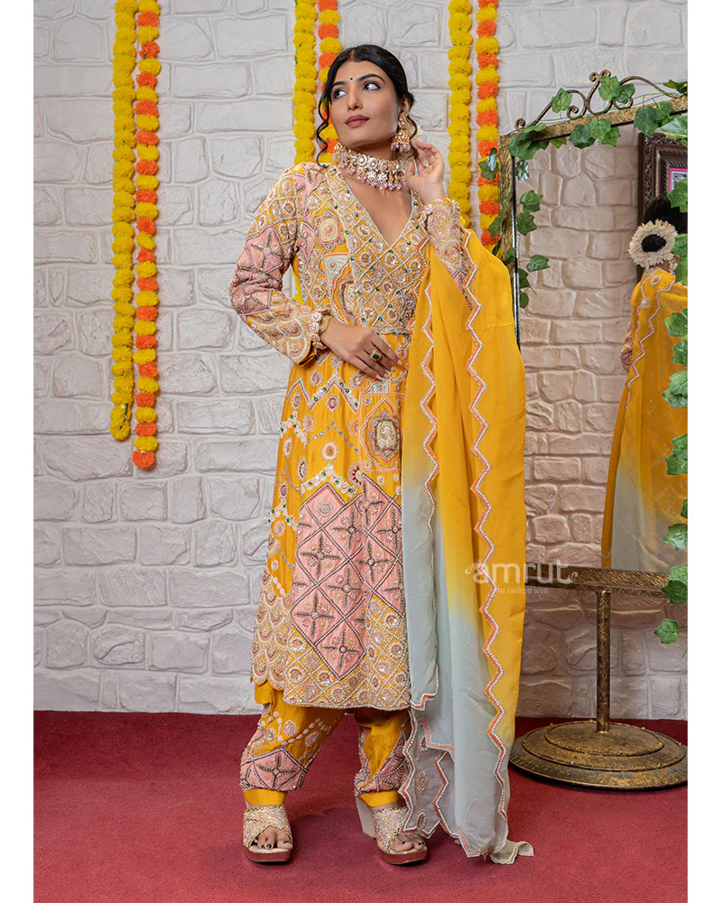 Golden Yellow Heavy Embroidered Salwar Suit with Dupatta - Image 5