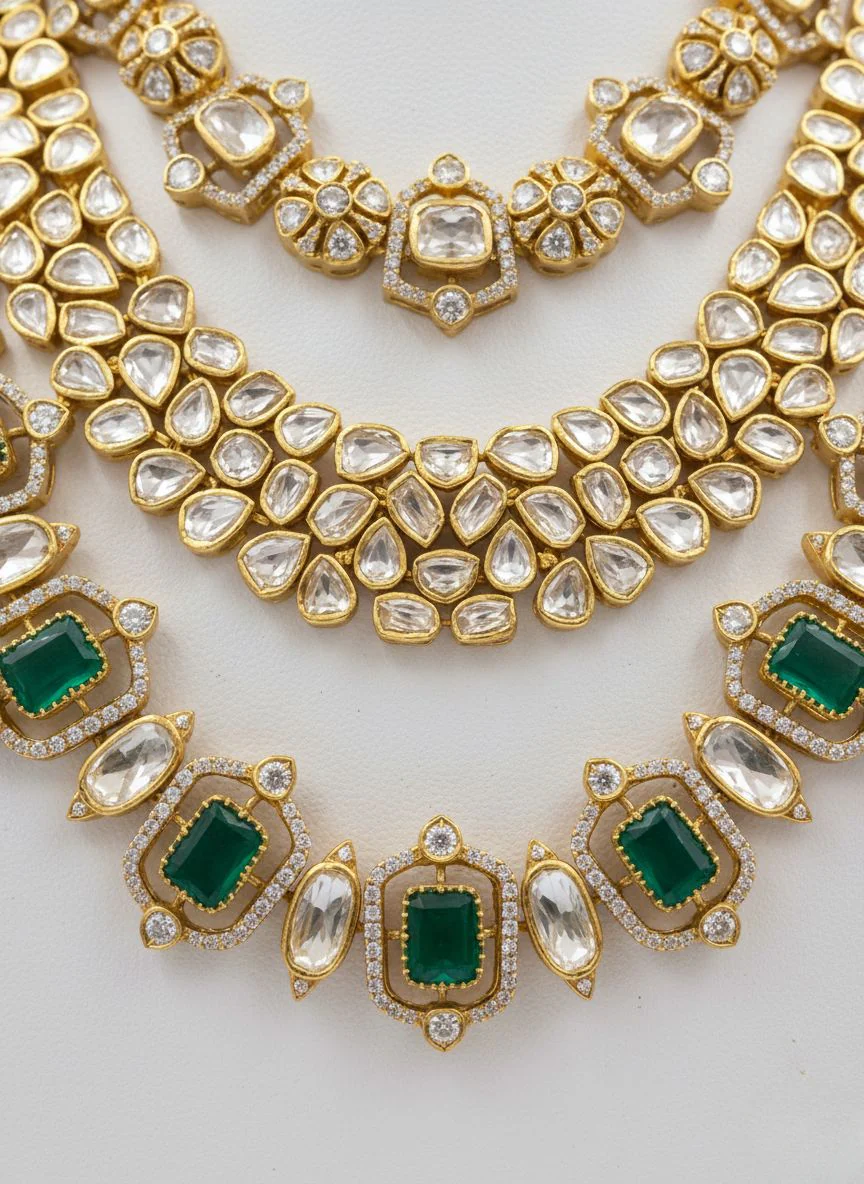 Grand Emerald Green & Kundan Layered Bridal Necklace Set with Matching Earrings - Image 3