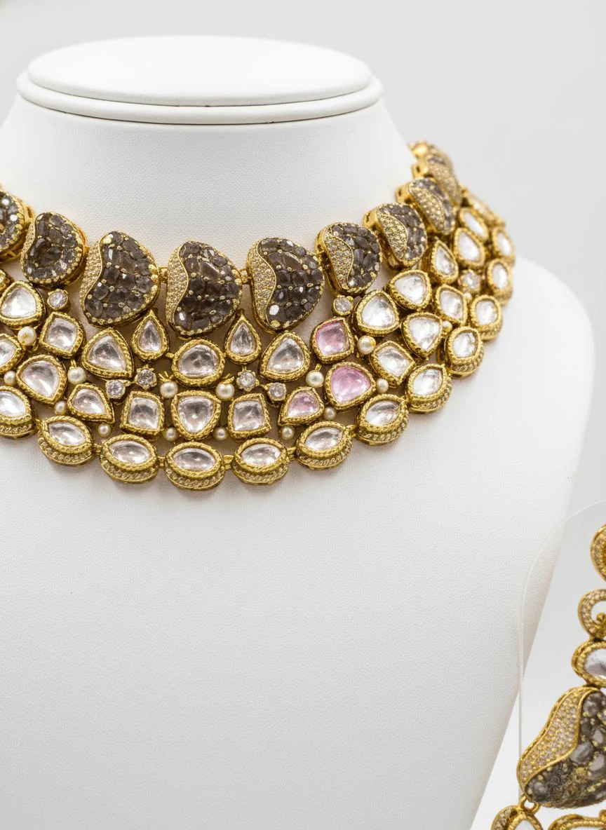 Grand Gold Polki Choker Necklace Set with Antique Finish & Statement Earrings - Image 3