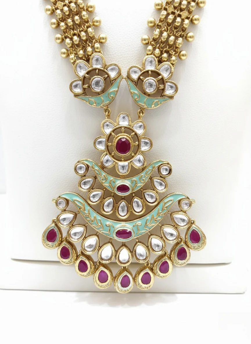 Grand Kundan and Ruby Temple Necklace Set - Image 2