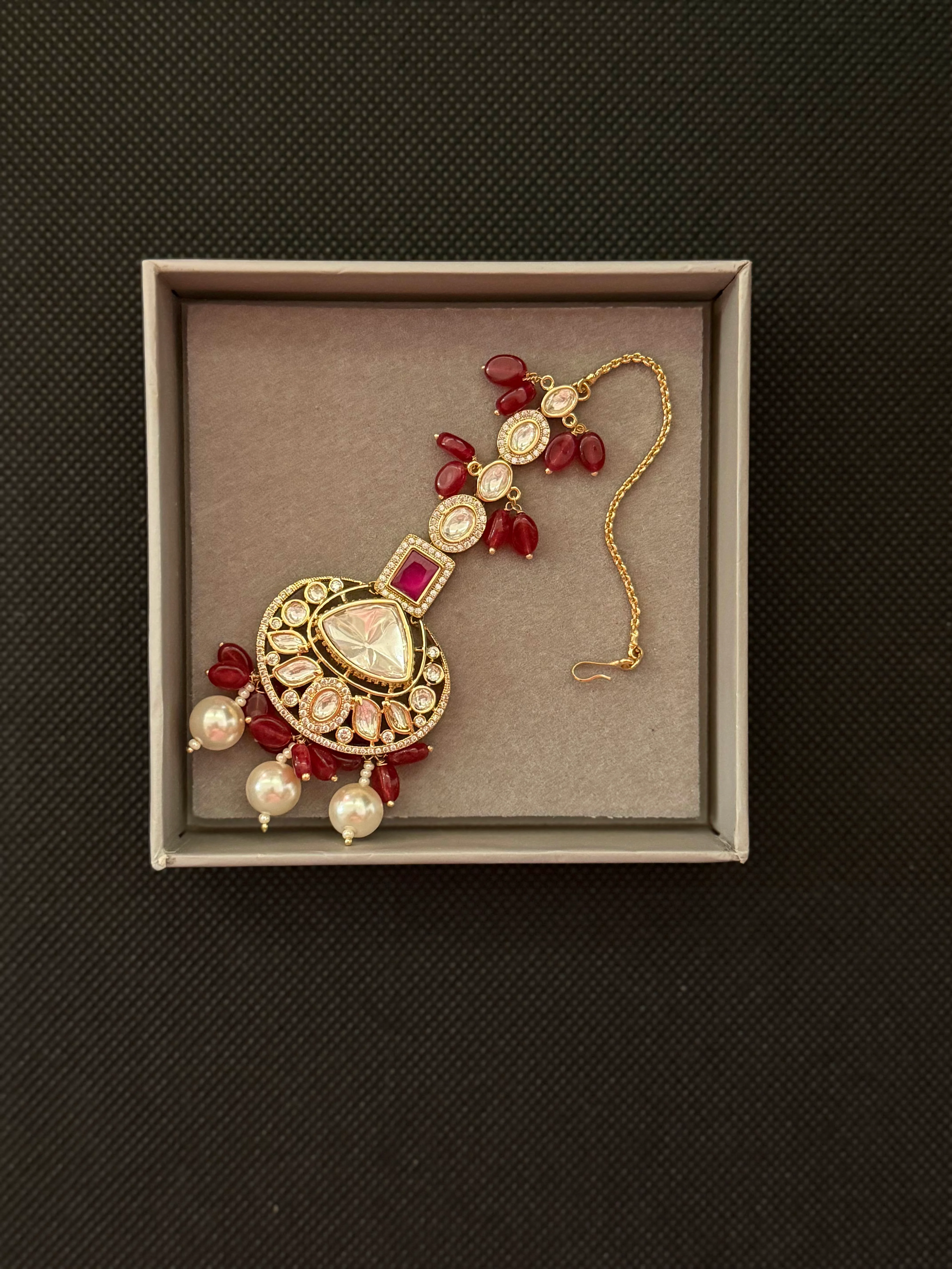 Grand Kundan Bridal Choker Necklace with Pearls & Ruby Red Beads Maang Tikka - Image 3