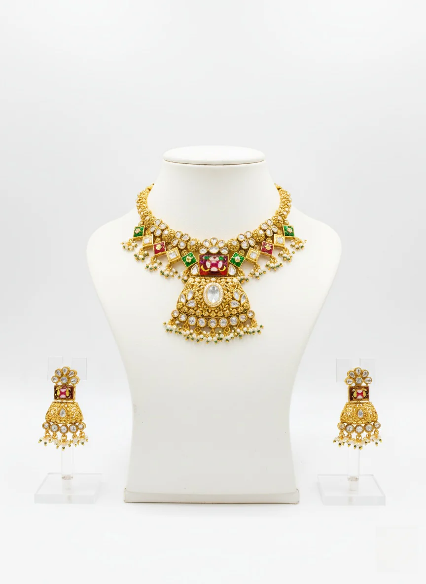 Grand Kundan Bridal Necklace Set with Ruby & Emerald Detailing - Image 2