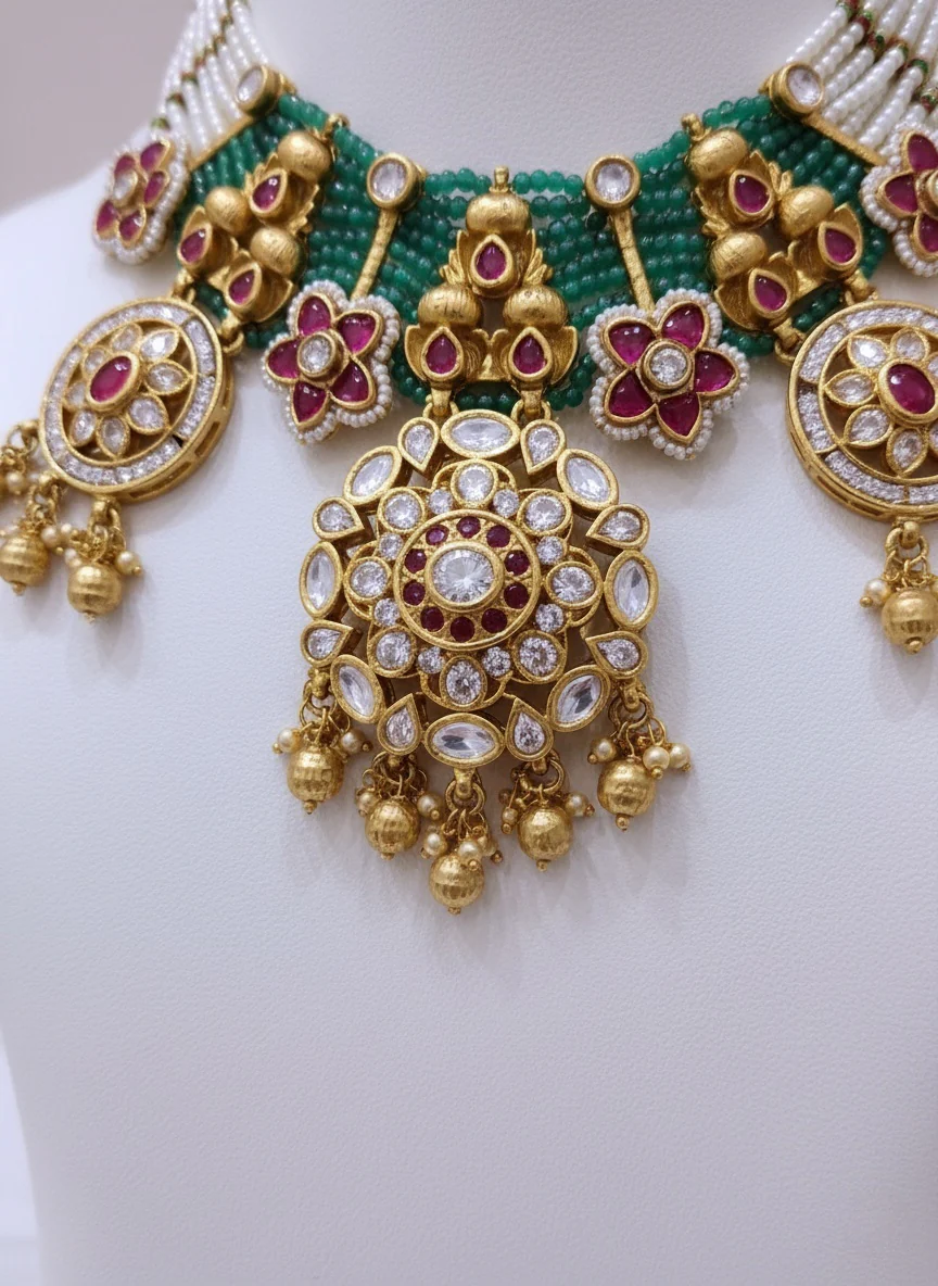 Grand Kundan & Pearl Temple Necklace Set with Green Beads and Ruby Accents - Image 2
