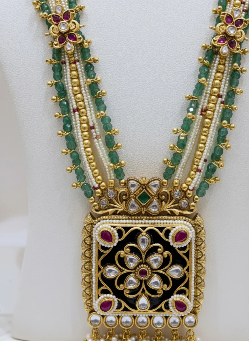 Grand Kundan Temple Necklace with Emerald Bead Strands & Square Floral Pendant - Image 3
