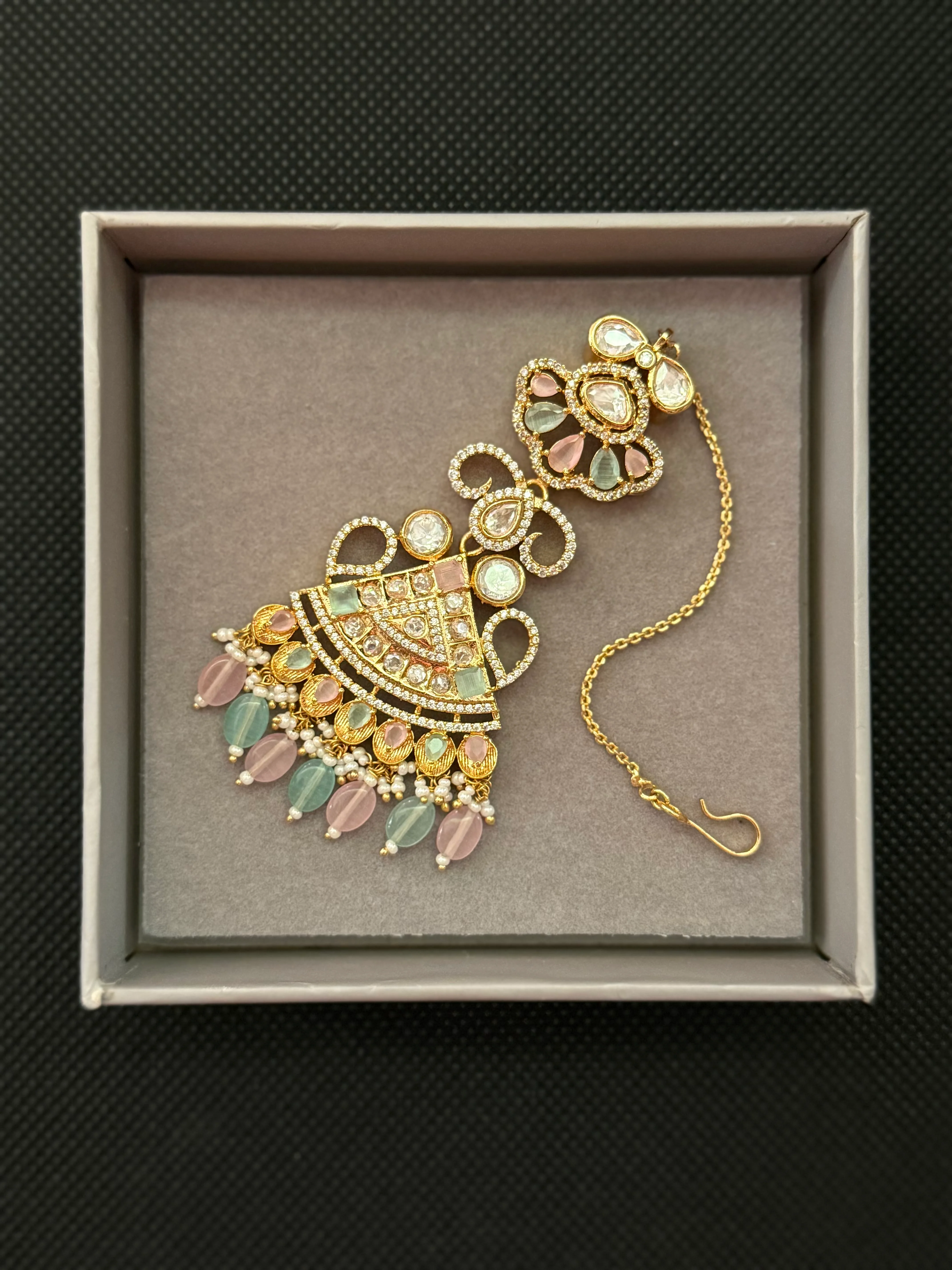 Grand Pastel Kundan Choker Necklace with Maang Tikka - Image 3