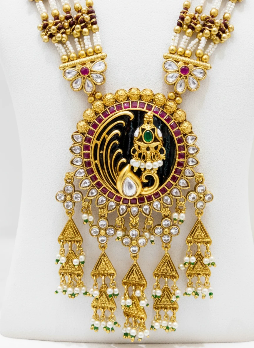 Grand Peacock Temple Necklace Set with Kundan & Polki Detailing - Image 3