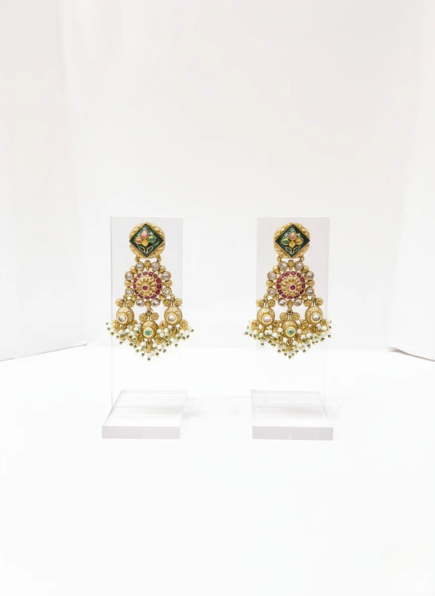 Grand Polki Kundan Bridal Necklace Set with Green & Ruby Detailing - Image 2