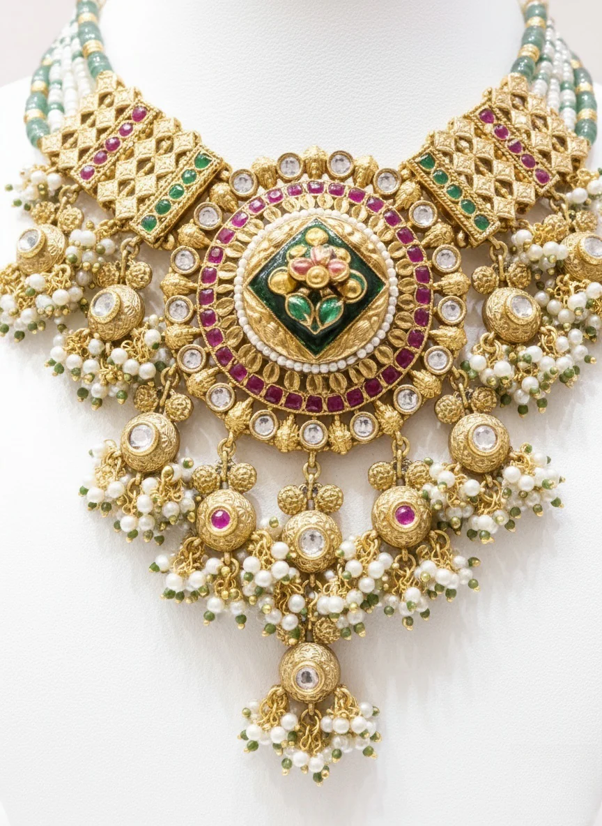 Grand Polki Kundan Bridal Necklace Set with Green & Ruby Detailing - Image 3
