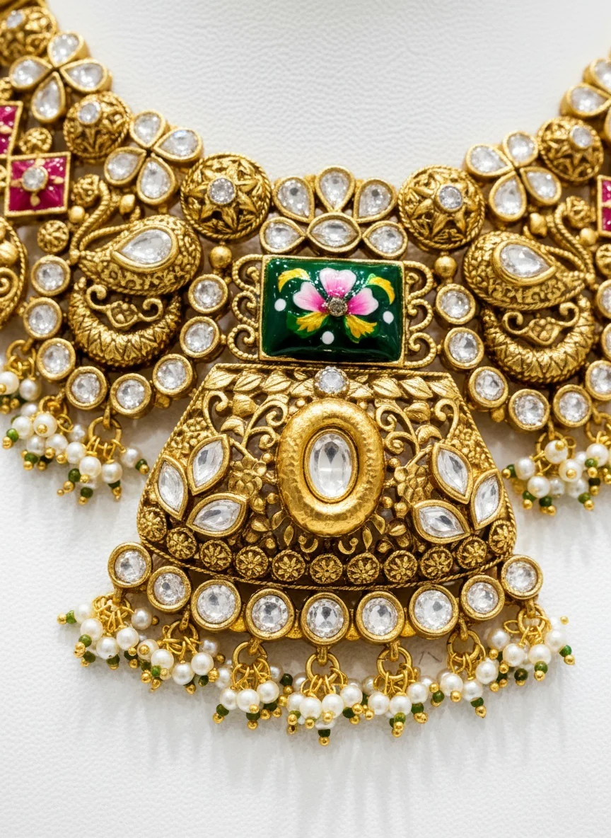 Grand Temple-Inspired Kundan Choker Necklace Set with Ruby & Emerald Stones - Image 3