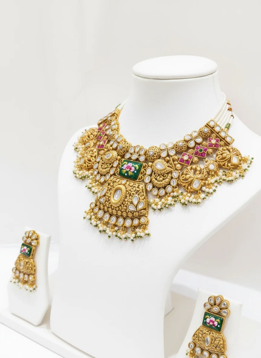 Grand Temple-Inspired Kundan Choker Necklace Set with Ruby & Emerald Stones - Image 4