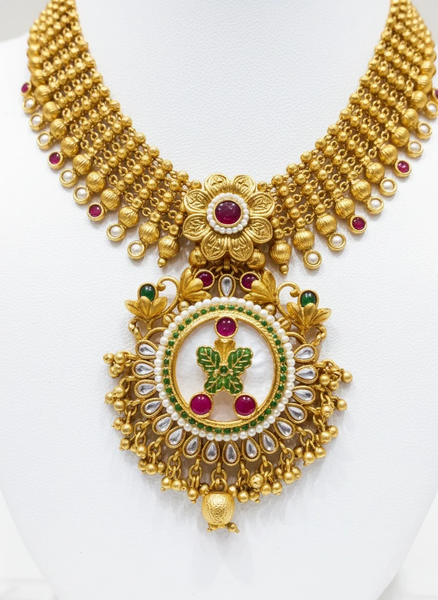 Grand Temple-Inspired Kundan Necklace Set with Ruby & Emerald Detailing - Image 3