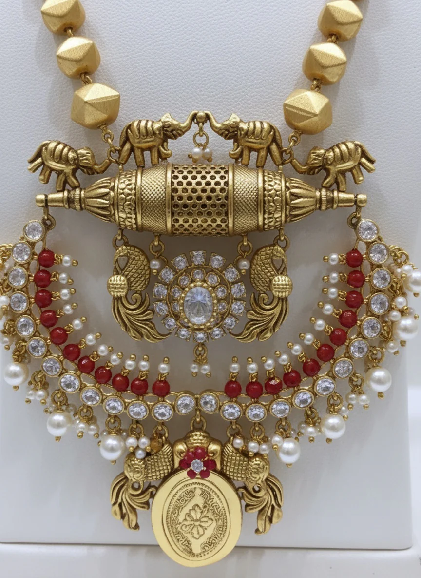 Grand Temple Jewellery Haram with Elephant Motifs & Pearl Embellished Pendant - Image 3