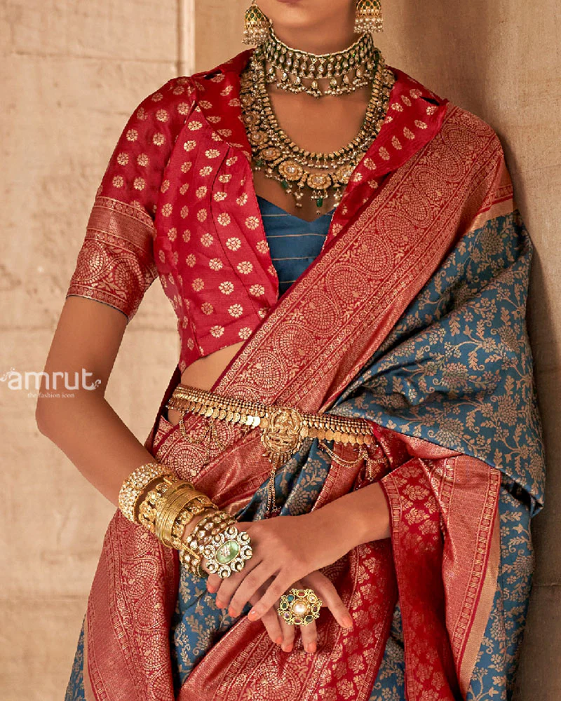 Gray-Blue and Reddish-Maroon Gold-Toned Ethnic Motifs Design Zari Silk Saree with Unstitched Blouse - Image 3