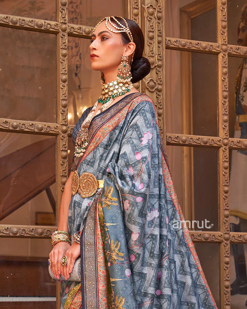 Gray Digital Print Embellished Saree with Unstitched Blouse - Image 2
