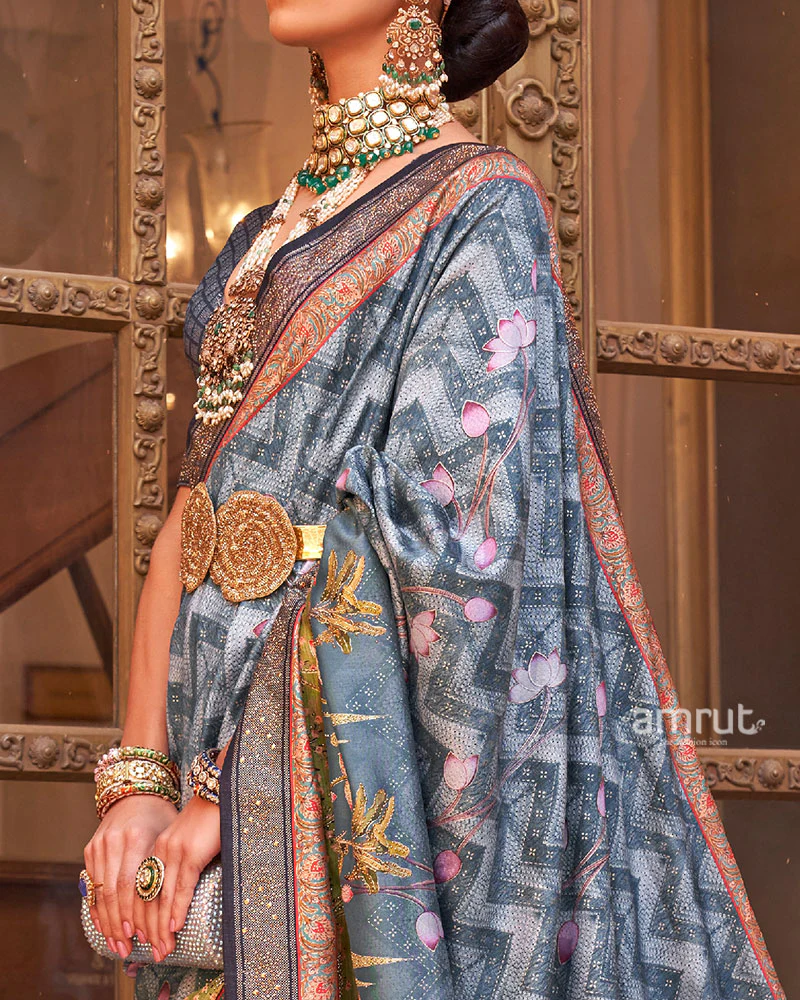 Gray Digital Print Embellished Saree with Unstitched Blouse - Image 3