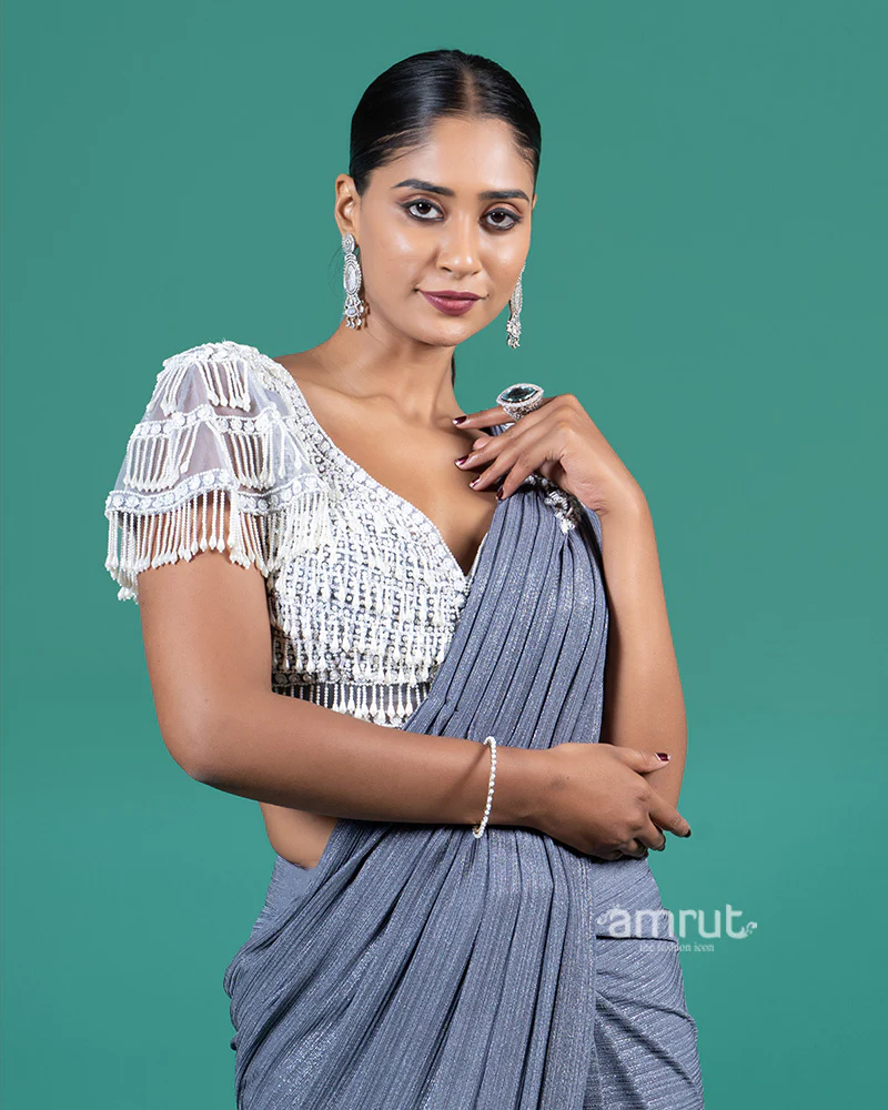 Gray Ready-to-Wear Saree with Beaded Embellished Blouse - Image 2