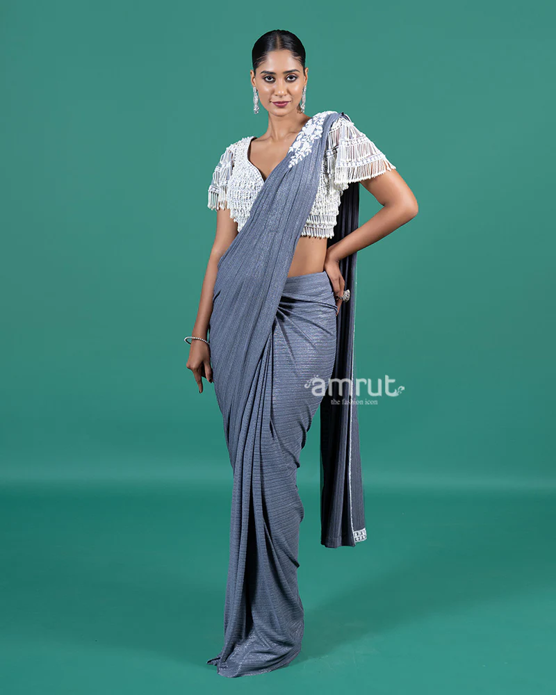 Gray Ready-to-Wear Saree with Beaded Embellished Blouse - Image 4