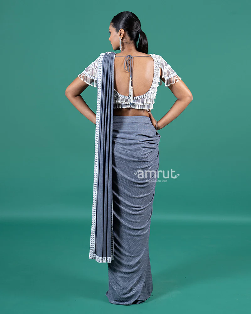 Gray Ready-to-Wear Saree with Beaded Embellished Blouse - Image 5