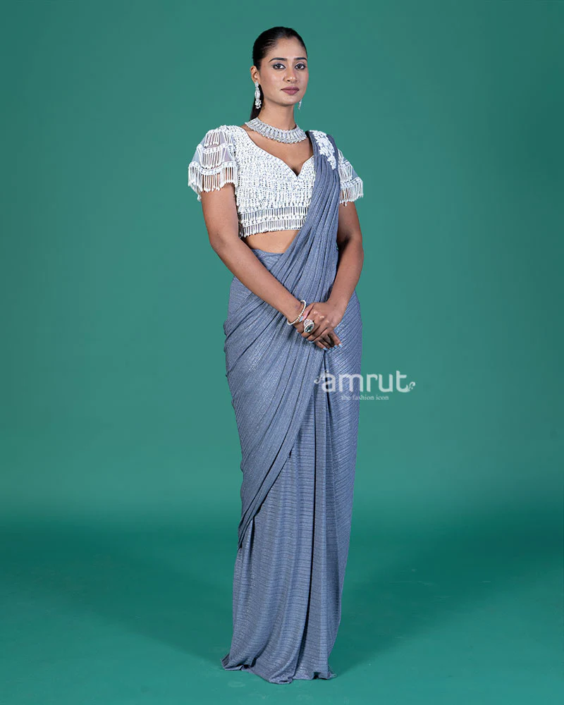 Gray Ready-to-Wear Saree with Beaded Embellished Blouse - Image 4