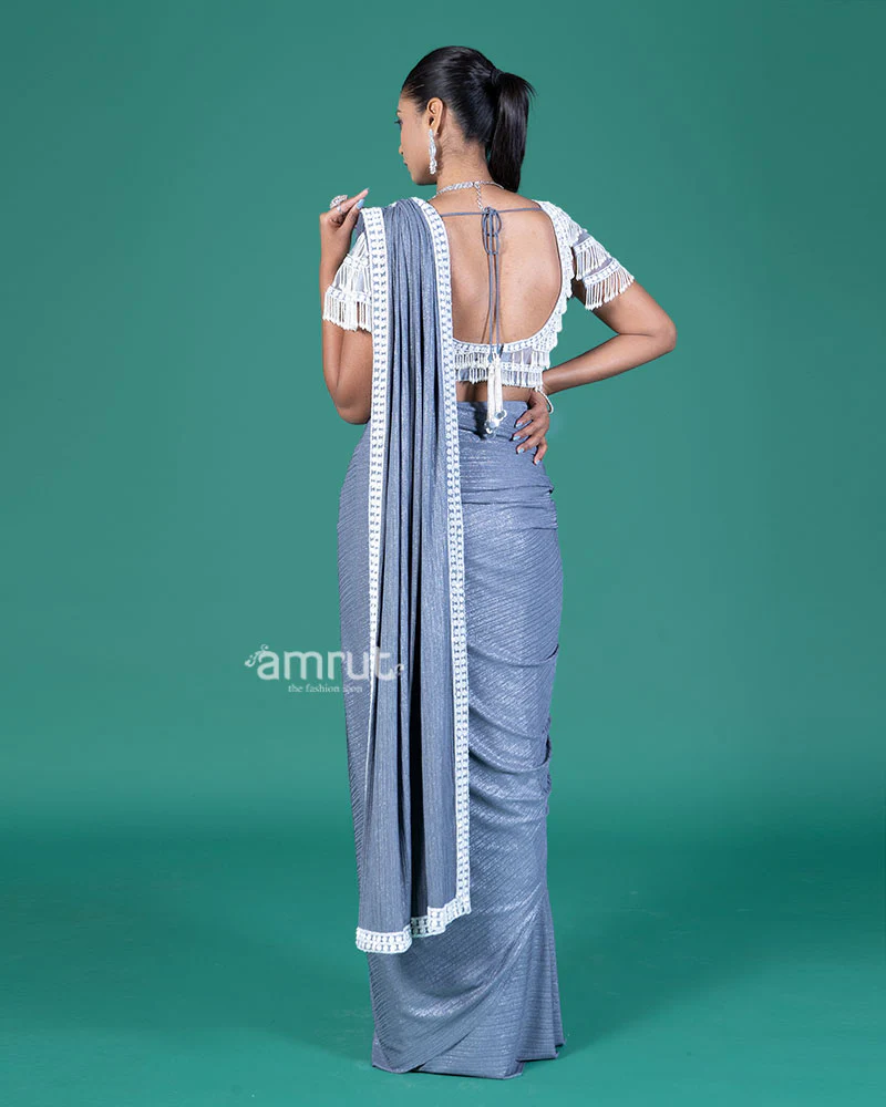 Gray Ready-to-Wear Saree with Beaded Embellished Blouse - Image 5