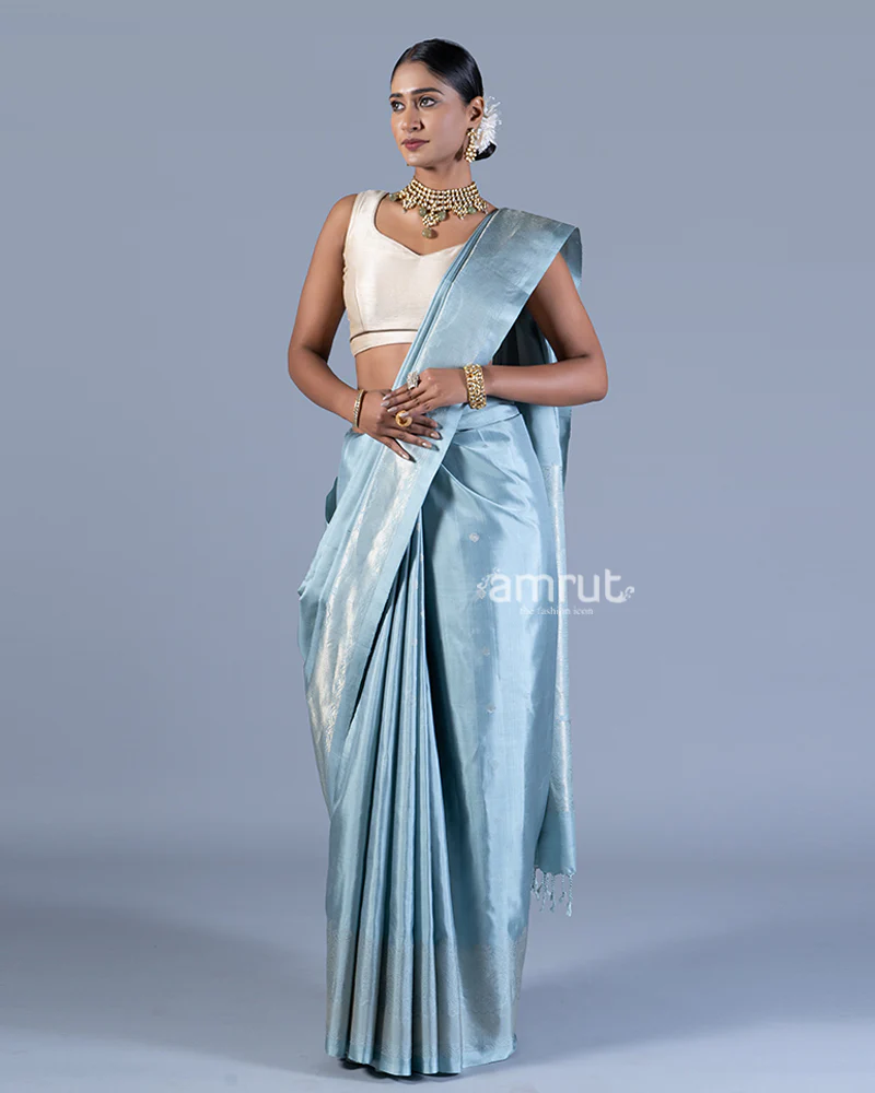 Grayish-Blue with Silver Zari Woven Embellished Silk Saree with unstitched blouse - Image 4