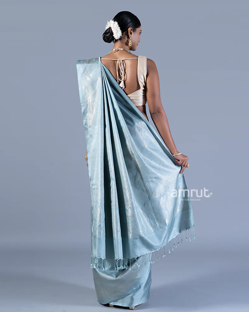 Grayish-Blue with Silver Zari Woven Embellished Silk Saree with unstitched blouse - Image 5