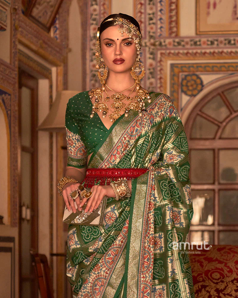 Green and Cream Bandhani Saree with Unstitched Blouse and Belt - Image 2