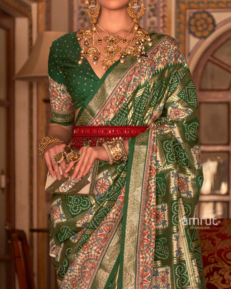 Green and Cream Bandhani Saree with Unstitched Blouse and Belt - Image 3
