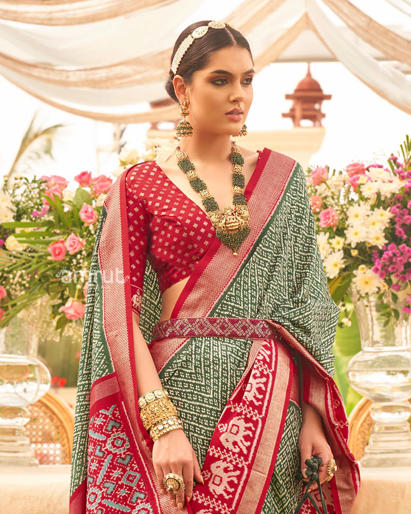 Green and Maroon Zari Border Patola Silk Saree with Unstitched Blouse - Image 2