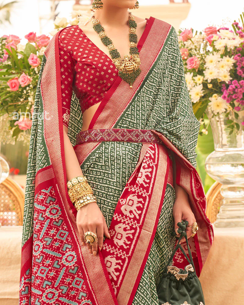 Green and Maroon Zari Border Patola Silk Saree with Unstitched Blouse - Image 3