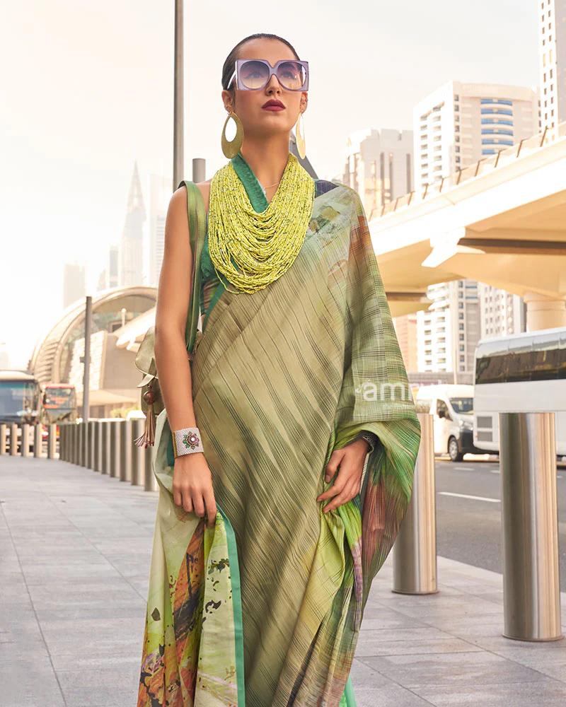 Green and Multicolor Digital Print Satin Saree with Unstitched Blouse - Image 2