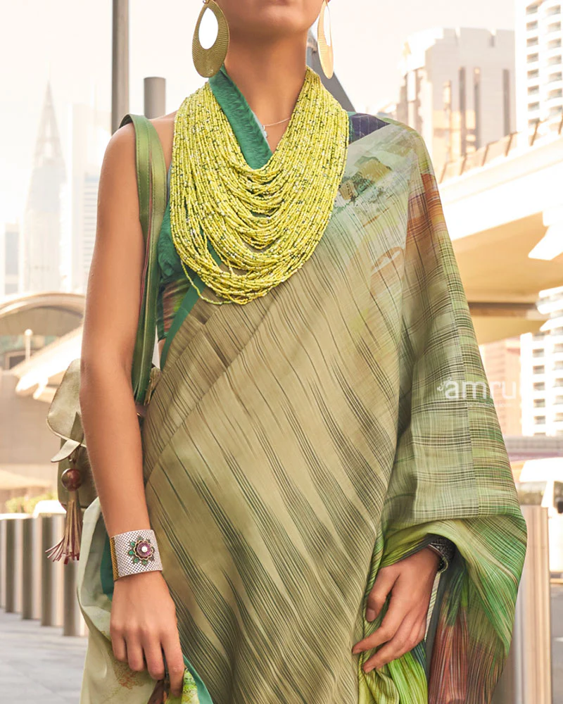 Green and Multicolor Digital Print Satin Saree with Unstitched Blouse - Image 3
