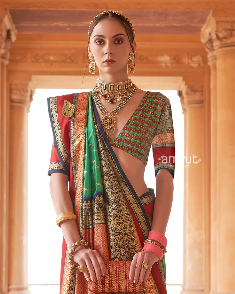 Green and Multicolor Printed Patola Silk Saree with Unstitched Blouse - Image 2