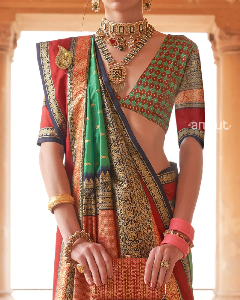 Green and Multicolor Printed Patola Silk Saree with Unstitched Blouse - Image 3
