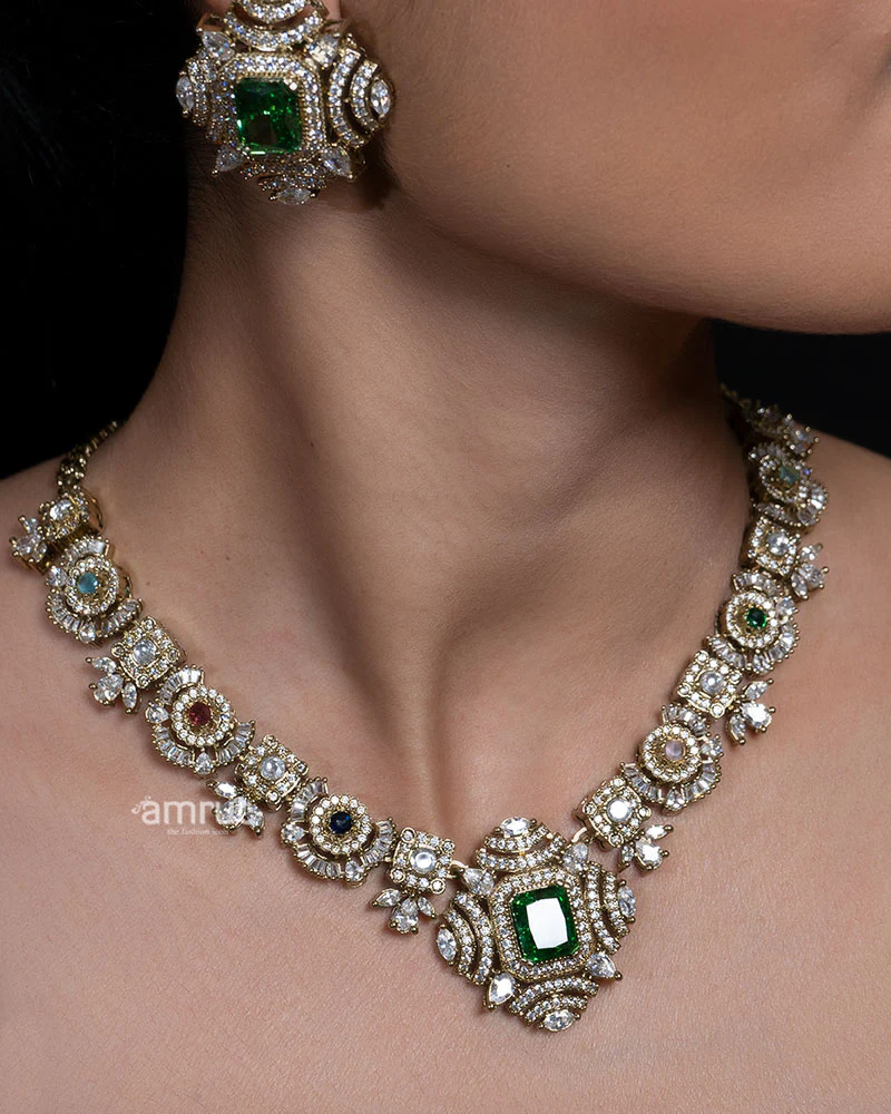 Green and Multicolor Stone Choker Set with Earrings - Image 2