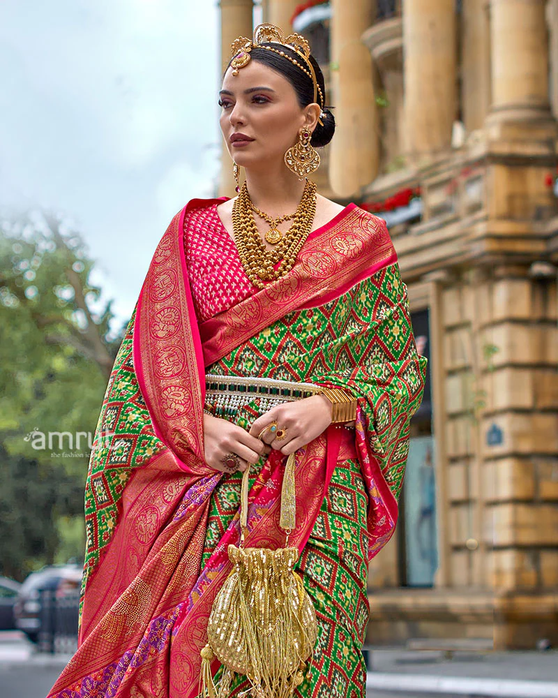 Green and Pink Patola Printed Saree with Zari Border and Unstitched Blouse - Image 2