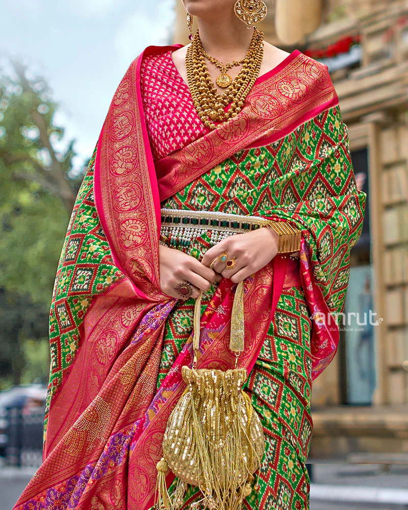 Green and Pink Patola Printed Saree with Zari Border and Unstitched Blouse - Image 3