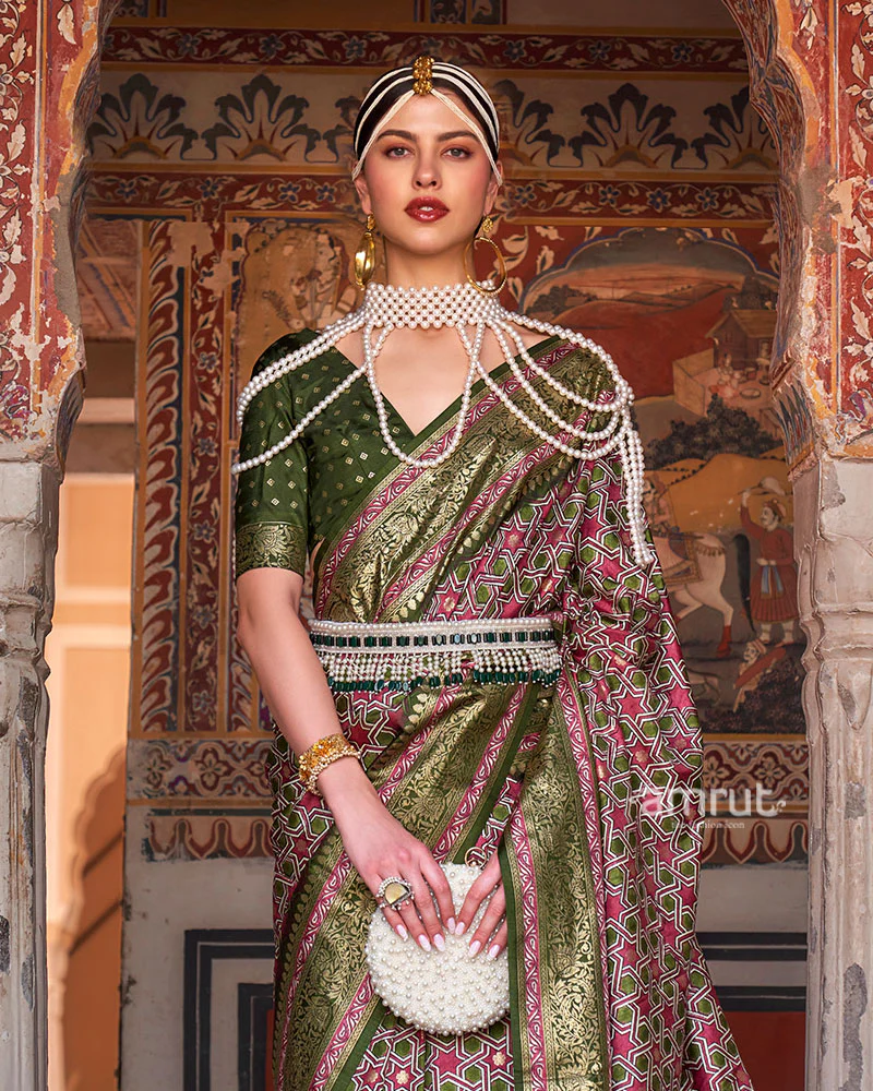 Green and Pink Printed Silk Saree with Zari Border and Unstitched Blouse - Image 2