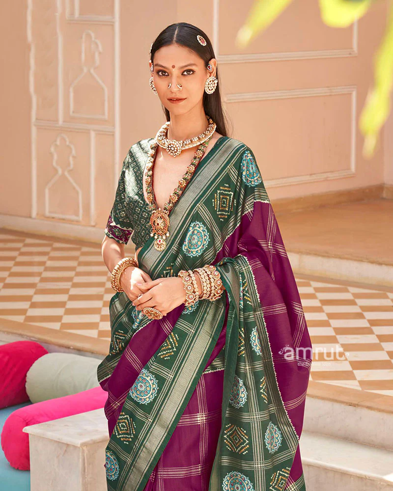 Green and Purple Printed Patola Silk Saree with Unstitched Blouse - Image 2