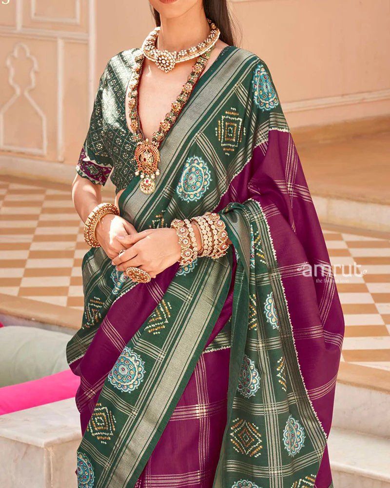 Green and Purple Printed Patola Silk Saree with Unstitched Blouse - Image 3