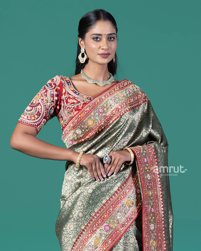 Green and Red Border Banarasi Silk Saree with Intricate Zari Weaving and Stitched Blouse - Image 2