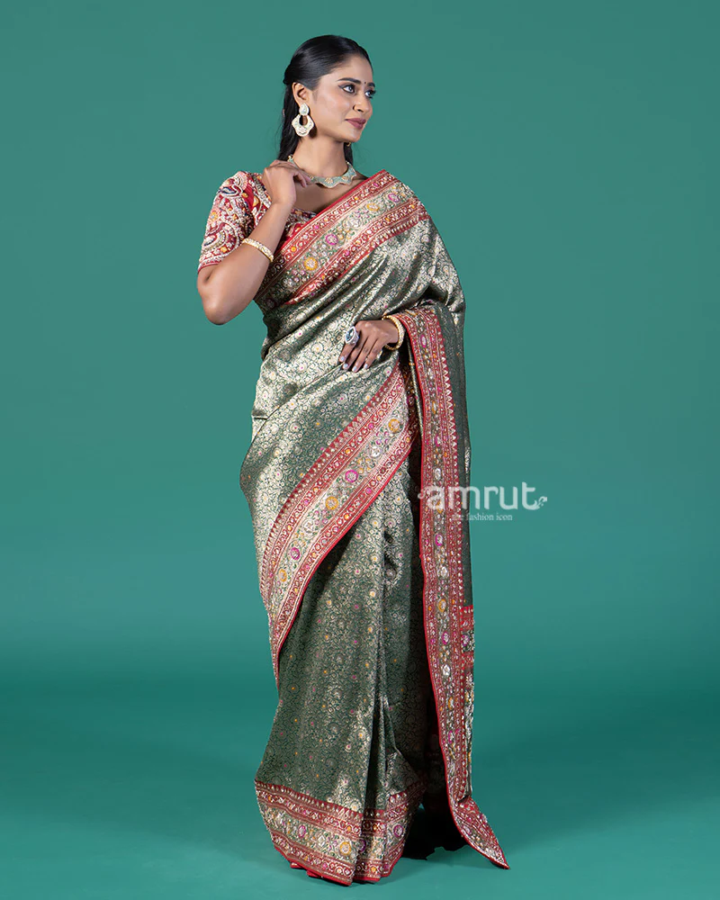 Green and Red Border Banarasi Silk Saree with Intricate Zari Weaving and Stitched Blouse - Image 4