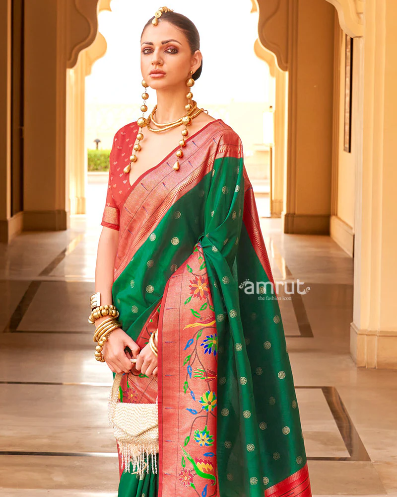 Green and Red contrast Border Zari weaving Paithani Silk Saree with Unstitched Blouse - Image 2