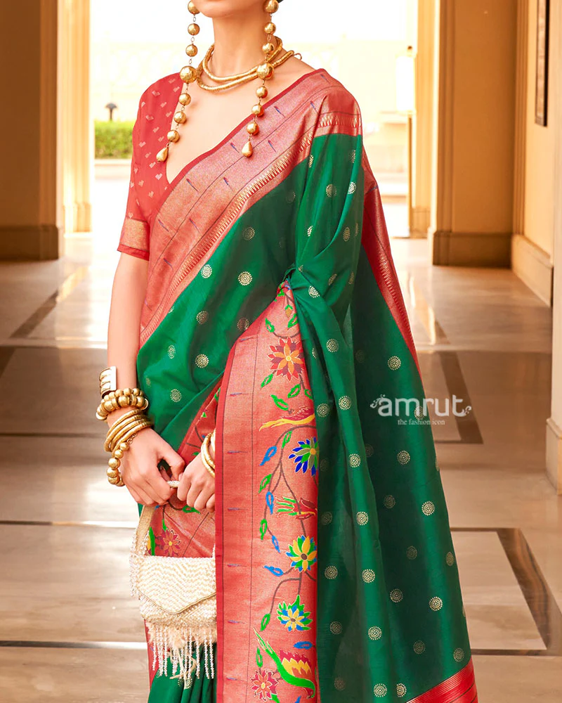 Green and Red contrast Border Zari weaving Paithani Silk Saree with Unstitched Blouse - Image 3