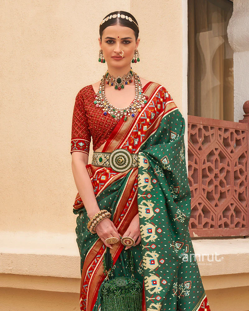 Green and Red Ethnic Printed Patola Silk Saree with Unstitched Blouse - Image 2