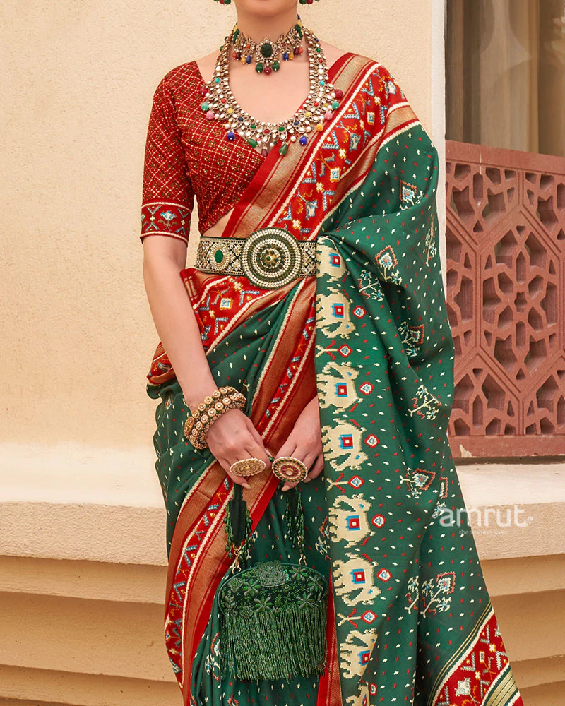Green and Red Ethnic Printed Patola Silk Saree with Unstitched Blouse - Image 3