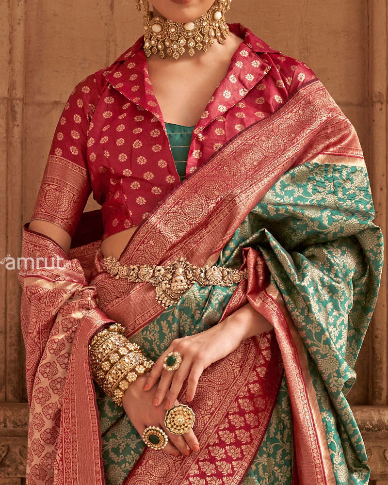 Green and Red Gold-Toned Ethnic Motifs Design Zari Silk Saree with Unstitched Blouse - Image 3