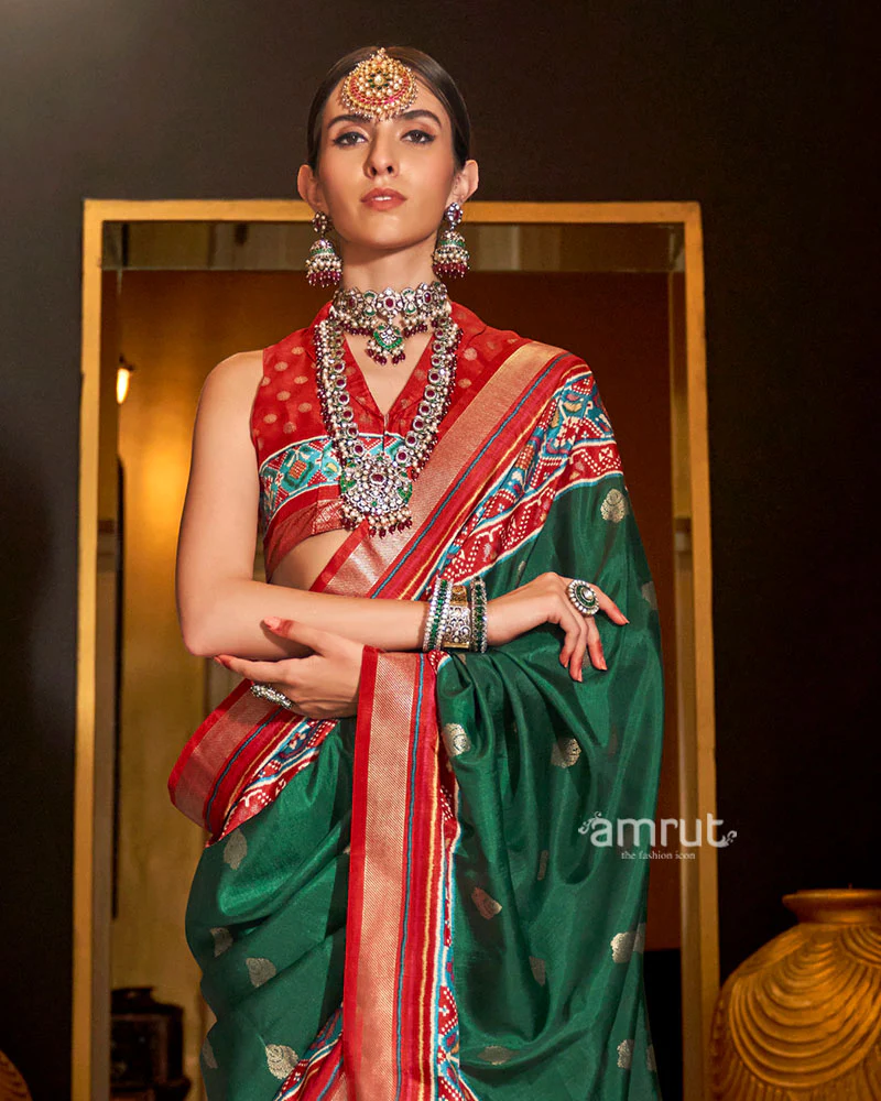 Green and Red Printed Border Traditional Saree with Unstitched Blouse - Image 2