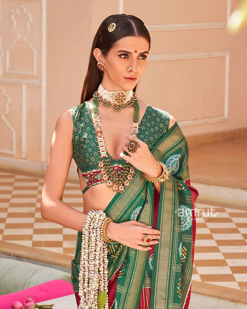 Green and Red Printed Patola Silk Saree with Unstitched Blouse - Image 2