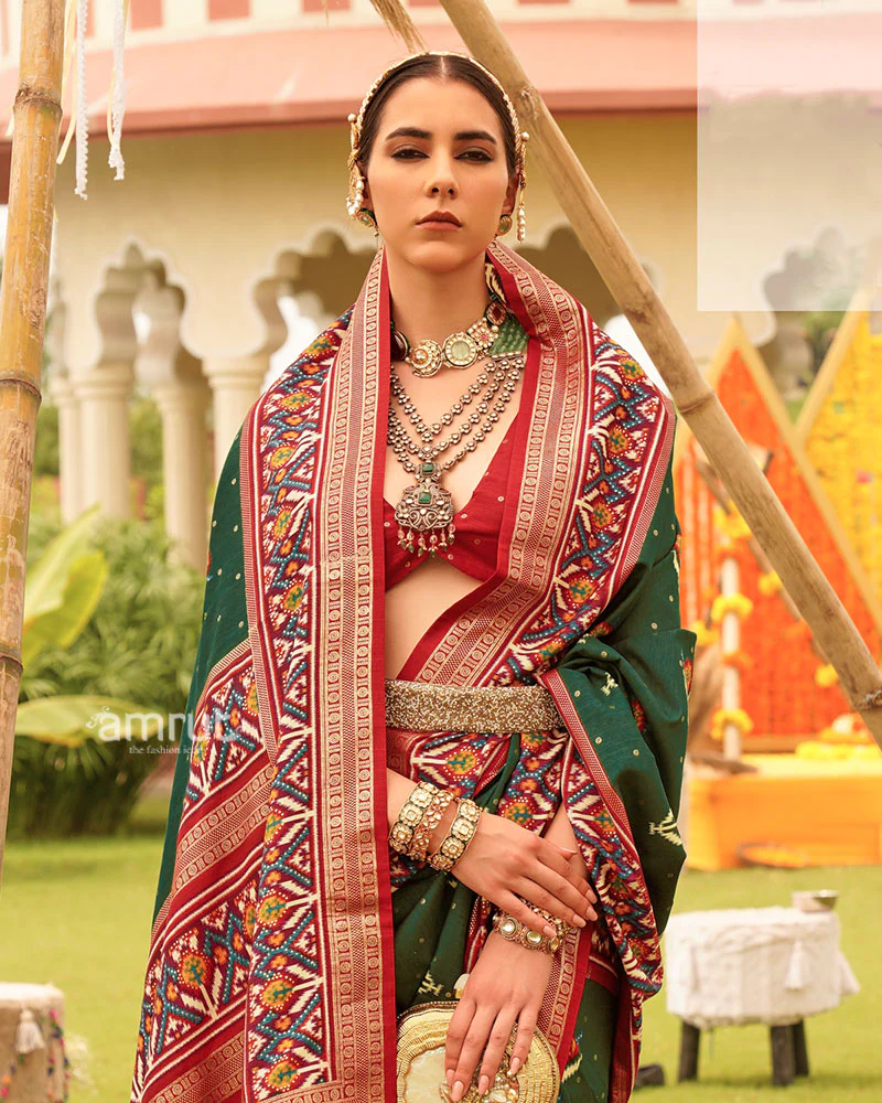 Green and Red Printed Patola Silk Saree with Zari Border and Unstitched Blouse - Image 2